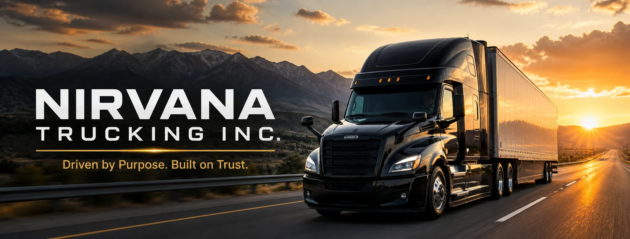 Nirvana Trucking tractor trailer on a Western highway at sunset — Driven by Purpose. Built on Trust.